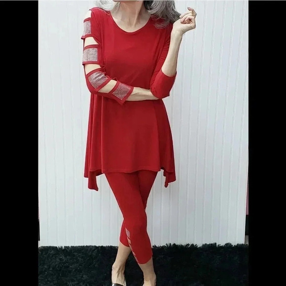 Red Rhinestone Ladder Sleeve Top - Picture 1 of 2